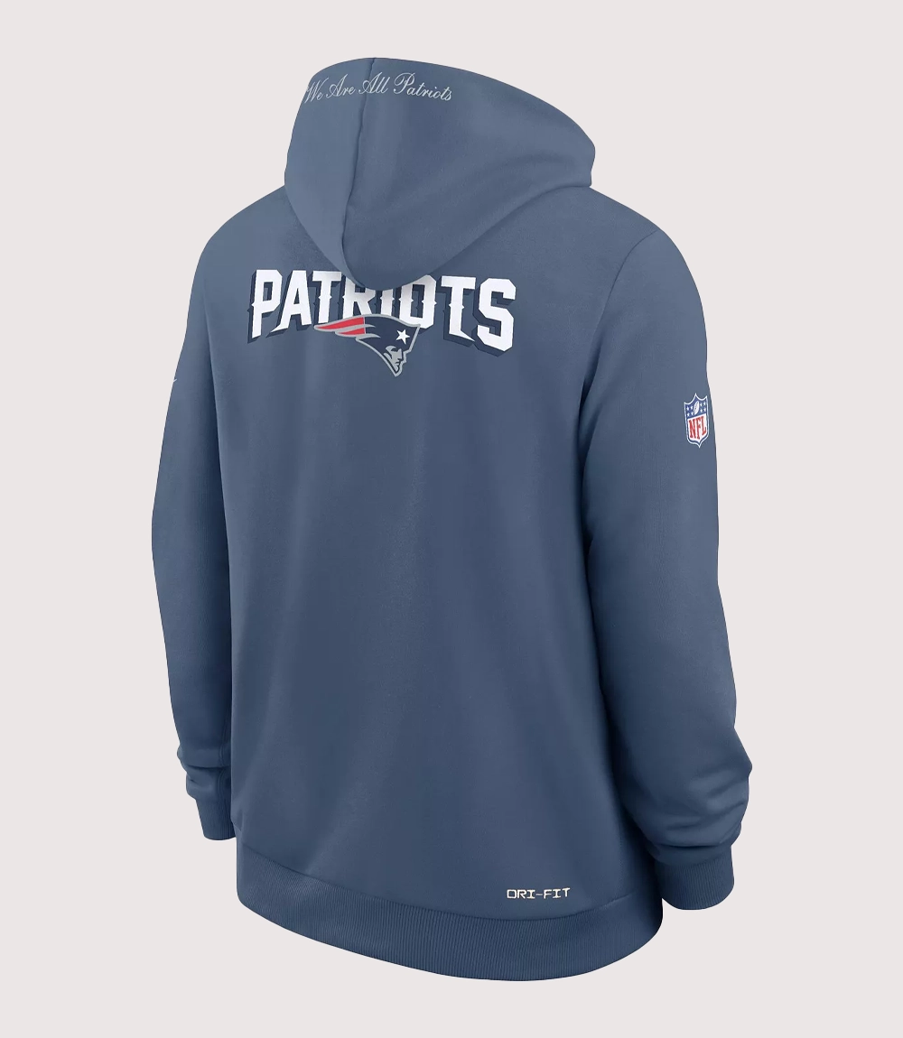 Nike Storm Blue We Are All New England Patriots 2025 Rivalries Sideline Dri-FIT Hoodie