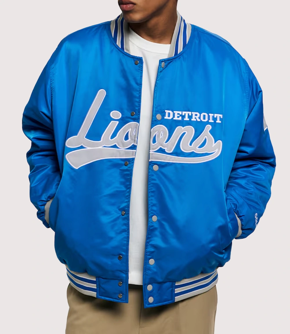 Detroit Lions Golf Wang Blue Full-Snap Satin Bomber Varsity Jacket
