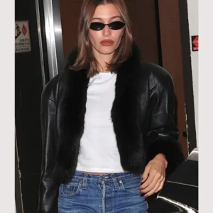 Hailey Bieber Black Copped Leather Jacket