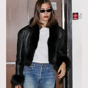 LA 2026 Hailey Bieber Copped Black Leather Jacket