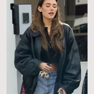Oversized Madison Beer Street Style Black Leather Jacket