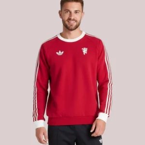Shop adidas x Manchester United Originals 3-Stripes Red Crew Sweatshirt