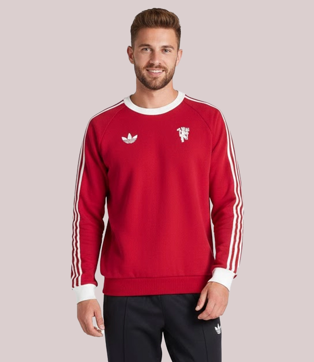 Shop adidas x Manchester United Originals 3-Stripes Red Crew Sweatshirt