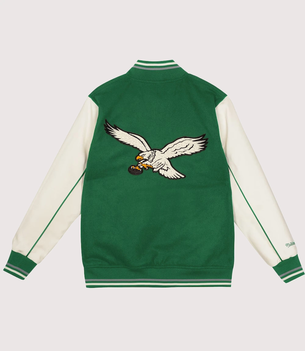 Philadelphia Eagles Mitchell & Ness Kelly Green Cream Full-Snap Wool Varsity Jacket