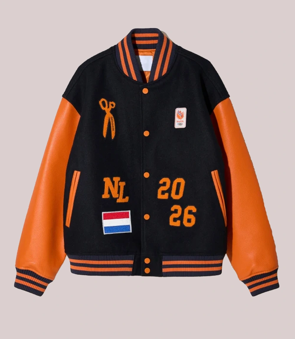 Unisex Netherlands Denham Team Orange And Black Wool Varsity Jacket