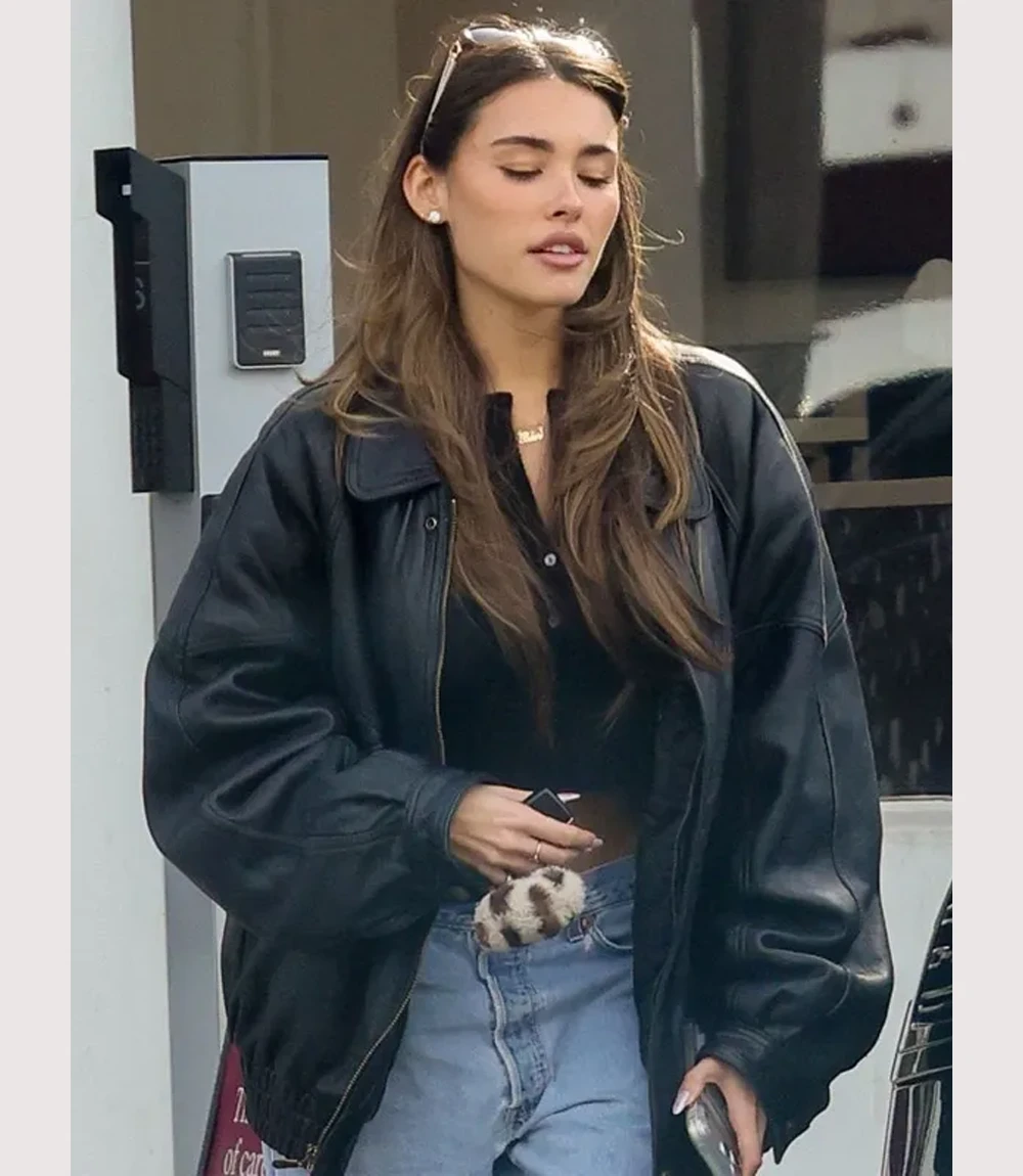 Oversized Madison Beer Street Style 2026 Black Leather Jacket