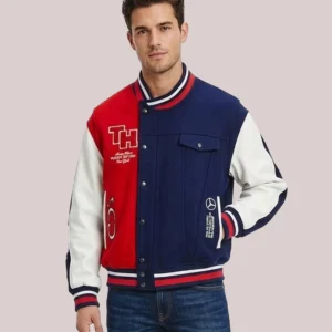 Shop Unisex Tommy x Mercedes F1 x CR Red And Navy Wool Varsity Jacket
