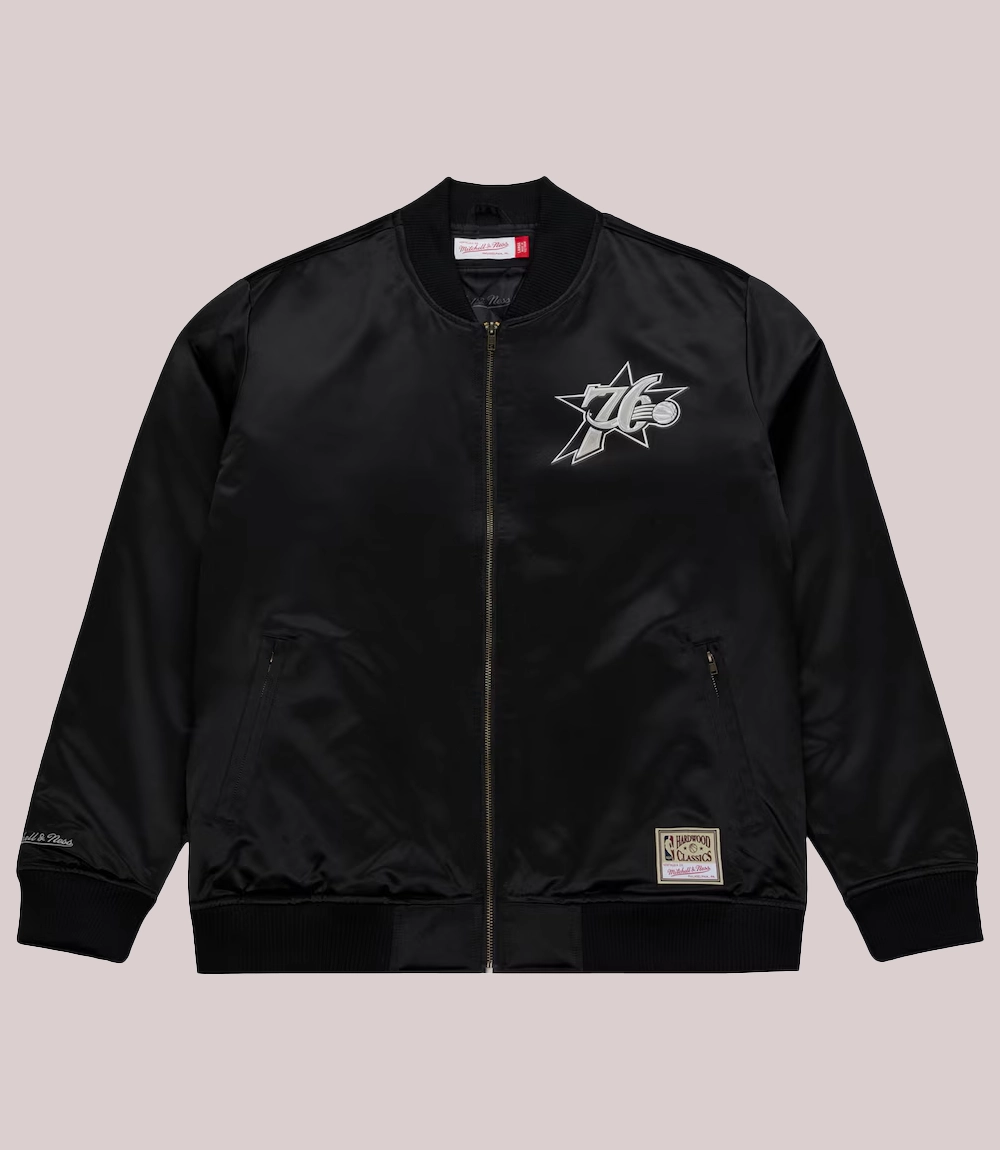 Philadelphia 76ers Mitchell & Ness Chrome Black Bomber Jacket