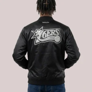 Philadelphia 76ers Mitchell & Ness Chrome Satin Bomber Jacket Black