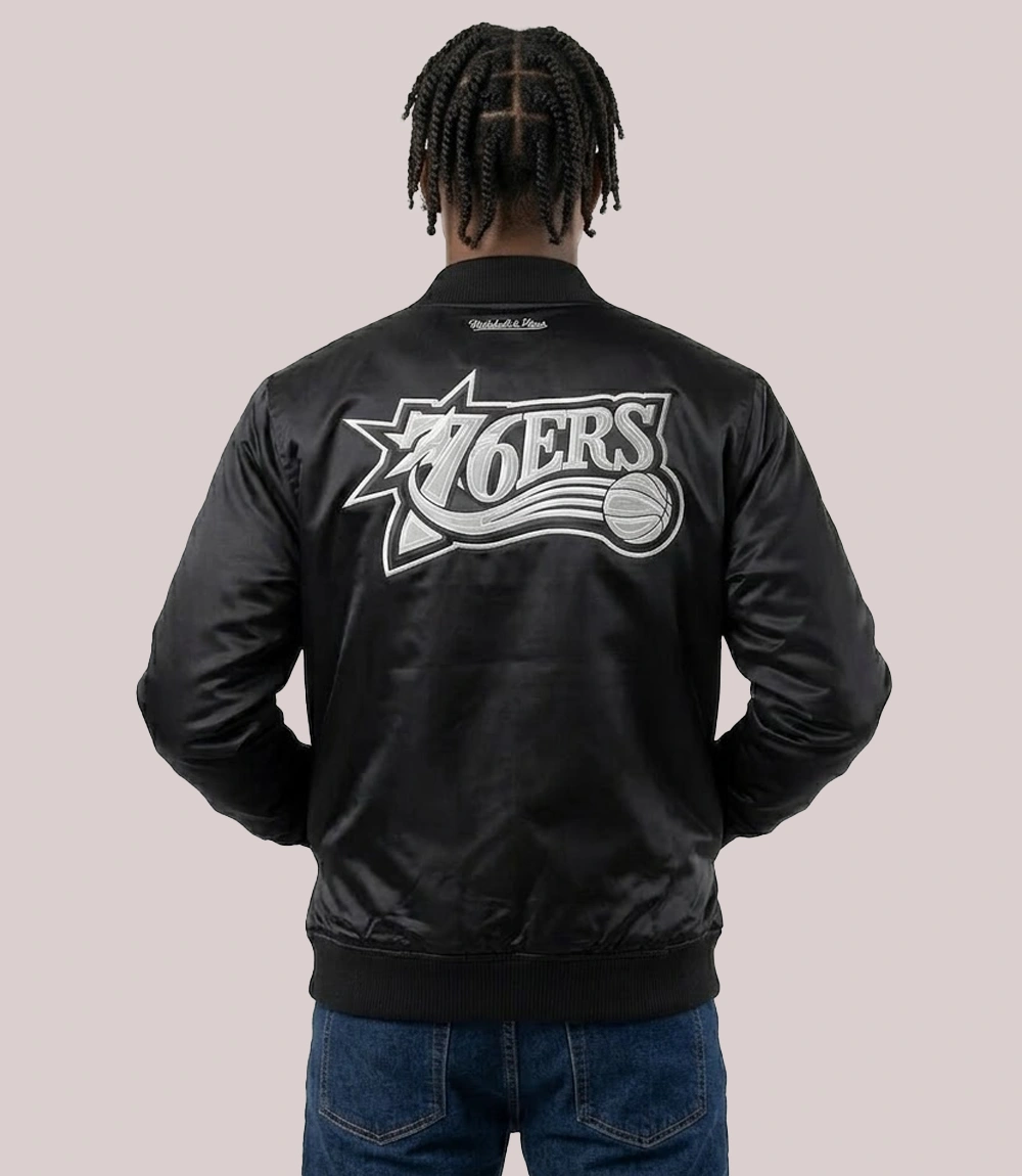 Philadelphia 76ers Mitchell & Ness Chrome Satin Bomber Jacket Black