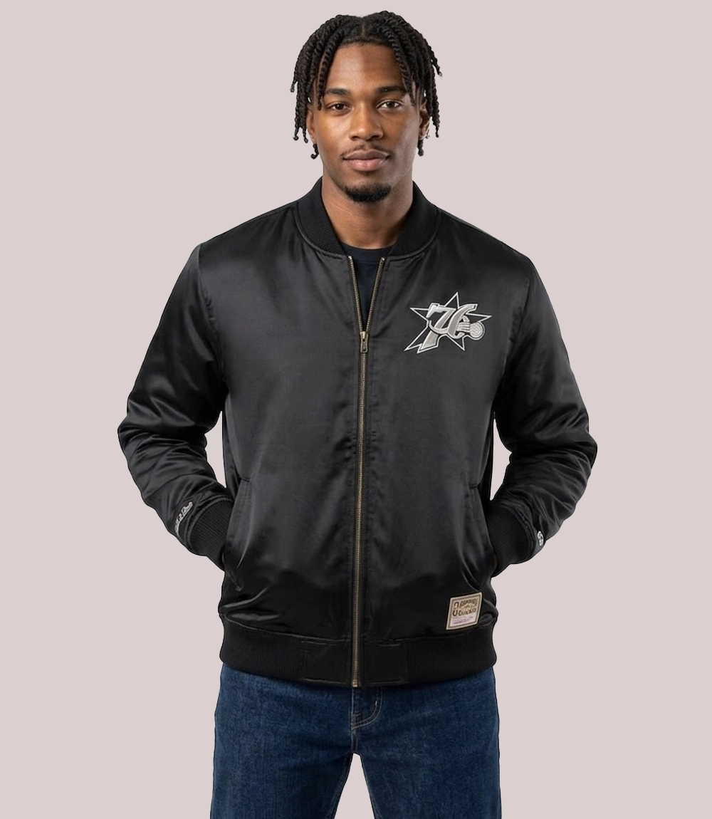 Philadelphia 76ers Mitchell & Ness Chrome Black Satin Bomber Jacket