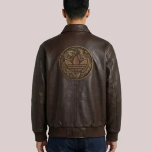 Shop Adidas Chinese New Year Brown Leather Bomber Jacket