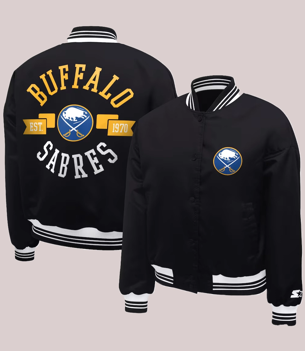 Buffalo Sabres Starter Women's Printed Round Team Logo Satin Varsity Black Full-Snap Jacket