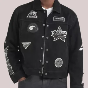 Wrangler x Avirex Black Suede Leather Trucker Jacket For Sale