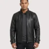 American Clothin Standup Collar Black Leather Jacket For Men's