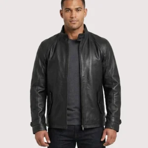 American Clothin Standup Collar Black Leather Jacket For Men's