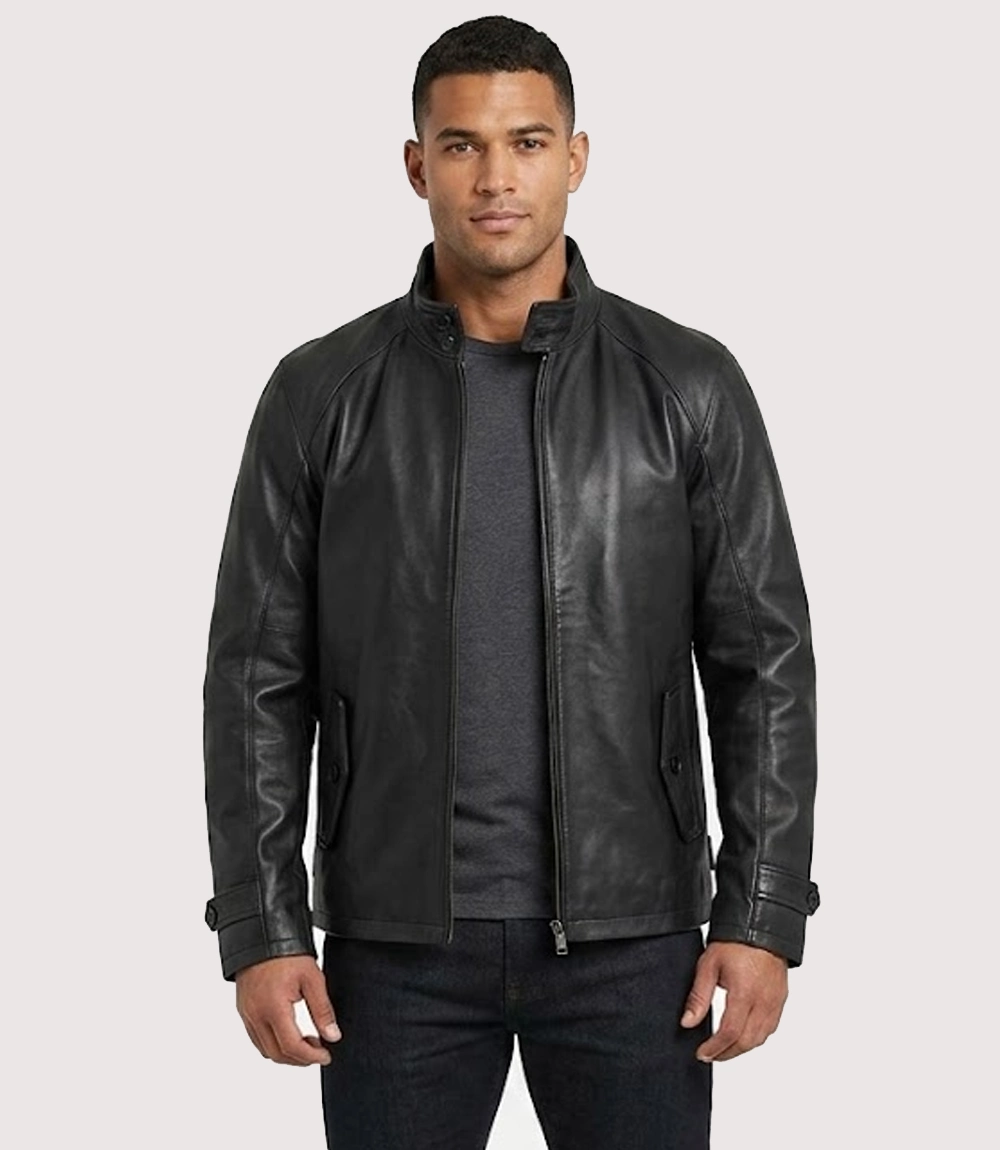 American Clothin Standup Collar Black Leather Jacket For Men's