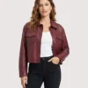 American Clothin Maroon Cropped Leather Jacket For Womens
