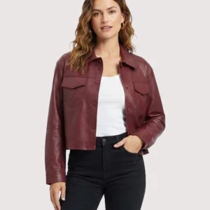 American Clothin Maroon Cropped Leather Jacket For Womens